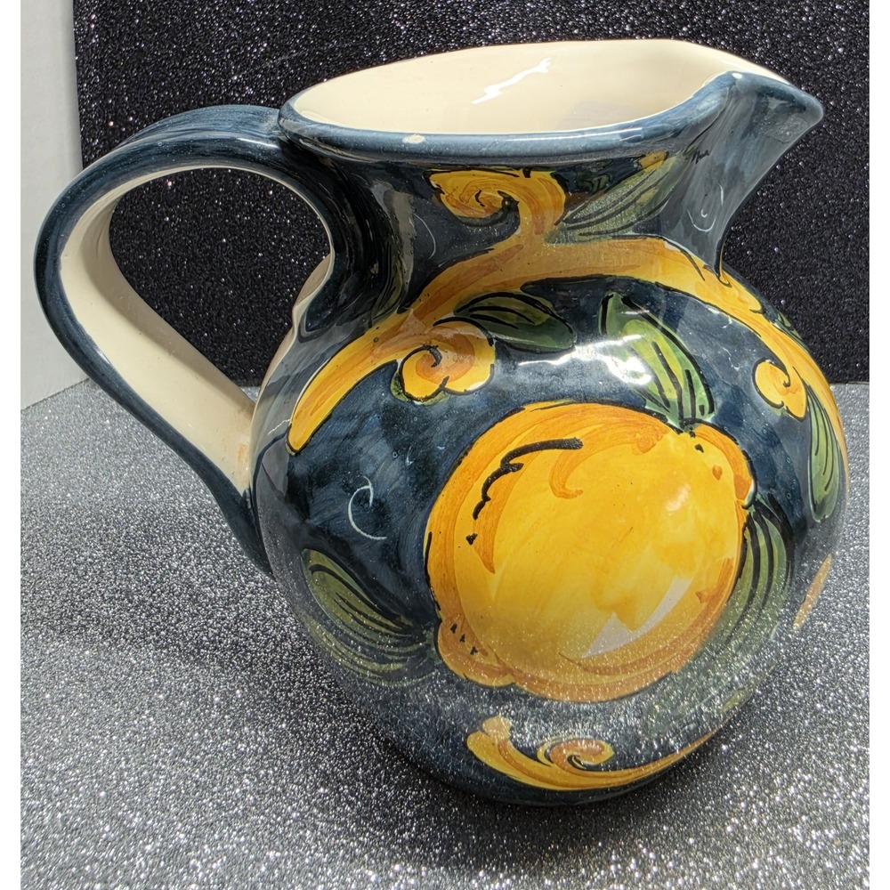 Hand Painted Ceramic Lemon Pitcher Blue Yellow Mediterranean Stoneware 16 oz